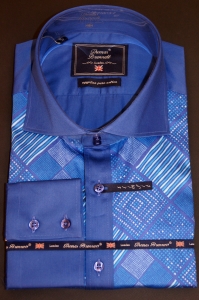 Мужская голубая приталенная рубашка (сорочка) производства Италия с высоким воротником оптом и в розницу в наличии со склада в Москве интернет-магазин