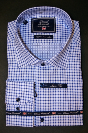 Стильная модная голубая мужская рубашка (сорочка) Италия в клетку купить оптом и в розницу в наличии со склада в Москве интернет-магазин