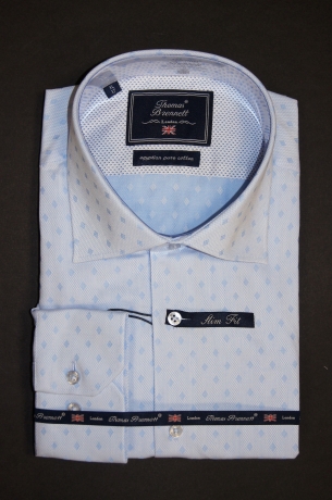 Стильная голубая приталенная мужская рубашка (сорочка) Италия купить оптом и в розницу в наличии со склада в Москве интернет-магазин