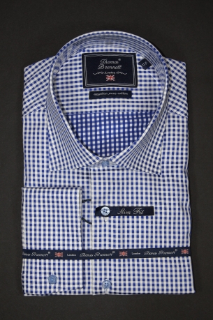Стильная модная приталенная мужская сорочка (рубашка) Thomas Brennett в 
клетку синего цвета купить оптом и в розницу в наличии со склада в Москве 
интернет-магазин