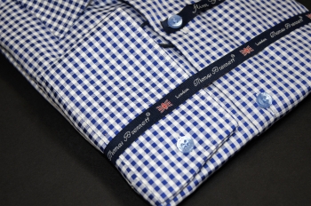 Стильная модная приталенная мужская сорочка (рубашка) Thomas Brennett в 
клетку синего цвета купить оптом и в розницу в наличии со склада в Москве 
интернет-магазин