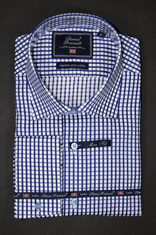 Стильная модная приталенная мужская сорочка (рубашка) в клетку синего цвета Thomas Brennett купить оптом и в розницу в наличии со склада в Москве интернет-магазин